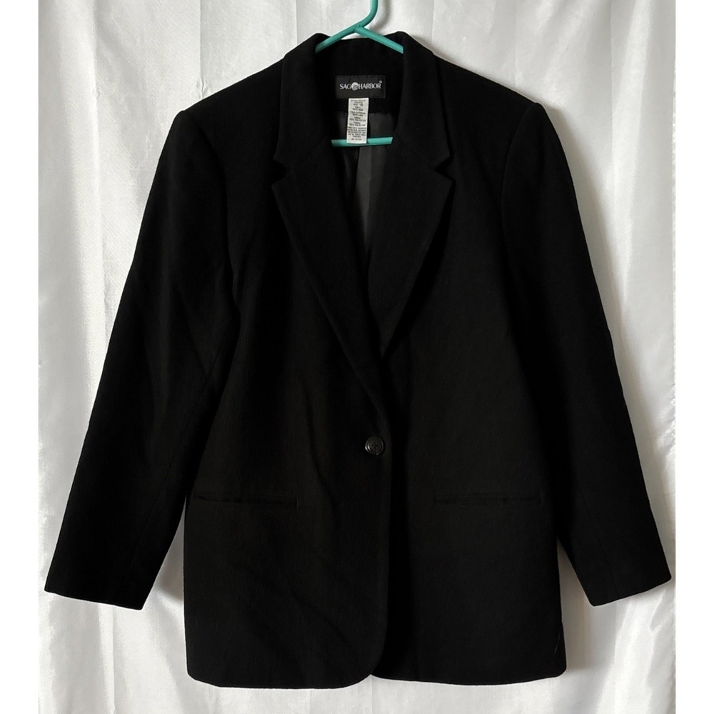 Women's Black 100% Wool‎ blazer vintage One Button Pockets 16 Sag Harbor
